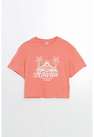 Tricou din bumbac cu imprimeu text si tropical - Piersica