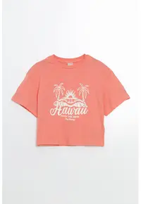 Tricou din bumbac cu imprimeu text si tropical - Piersica