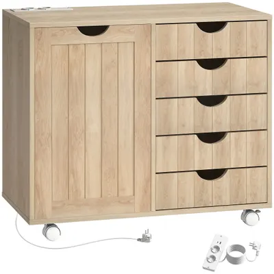 HOMCOM Mobilier pentru imprimantă cu stație de încărcare și roți 5 sertare porturi USB poliță reglabilă natural | Aosom Romania