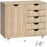 HOMCOM Mobilier pentru imprimantă cu stație de încărcare și roți 5 sertare porturi USB poliță reglabilă natural | Aosom Romania