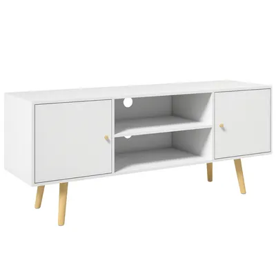 HOMCOM Cabinet TV 55" cu 2 Dulapuri, Uși și 2 Rafturi Deschise, Consolă TV din Lemn și PAL, 120x34x50 cm, Alb | Aosom Romania