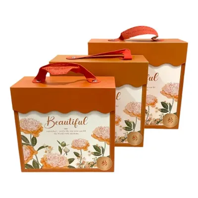 Set 3 cutii stil gentuță pentru cadouri cu mâner - model 1 portocaliu
