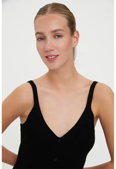 Rochie slim fit tricotata striata - Negru