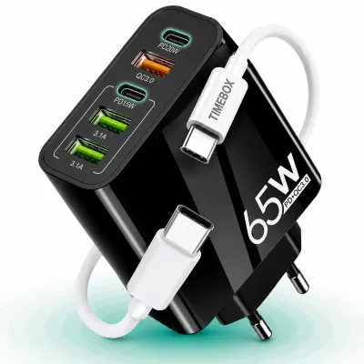 Incarcator Retea, 65W, 5 Porturi, 3 x USB, 2 x Type-C, Negru - Default Title