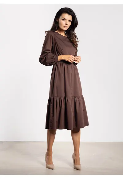 Rochie midi A737 - maneca lunga - ciocolatiu - nylon/spandex