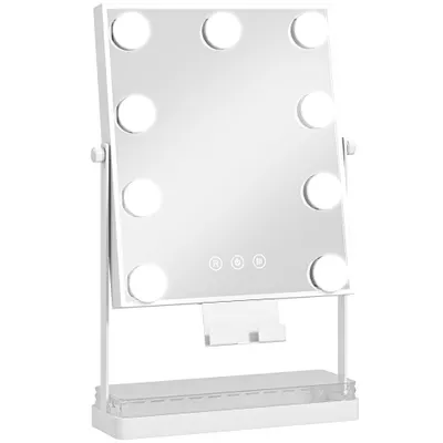 HOMCOM Hollywood Oglindă de machiaj cu lumină 9 becuri LED 3 culori comutator tactil suport pentru telefon Alb | Aosom Romania