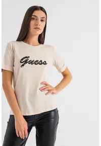 Tricou din amestec de modal cu logo si margele - Bej deschis
