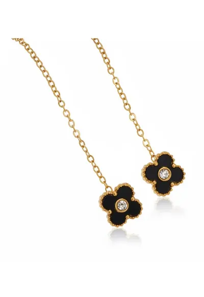 Cercei aurii - din otel inoxidabil - suflati cu aur 18k - forma de floricica - cu lant lung si zirconii - Liora C4