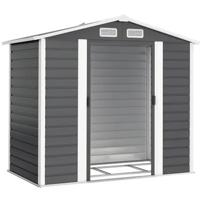 Outsunny Magazie de Grădină din Tablă de Oțel cu 4 Orificii de Ventilație și 2 Uși Glisante, 213x120x194 cm, Gri Închis | Aosom Romania