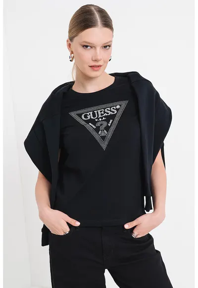 Tricou cu decolteu rotund si logo cu strasuri - Alb/Negru