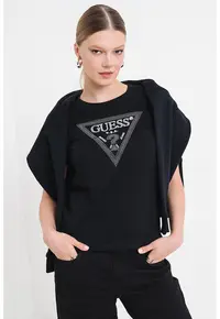 Tricou cu decolteu rotund si logo cu strasuri - Alb/Negru