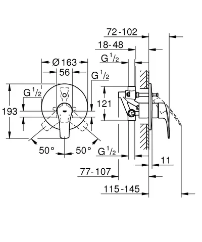 Baterie dus Grohe, Eurosmart OHM set bath, montare pe perete, incastrat, cartus ceramic, diverter, 2 iesiri, levier metalic, corp incastrat inclus, crom