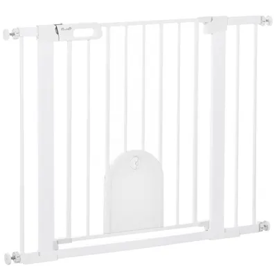 PawHut Barieră Reglabilă pentru Câini cu Ușă Mică, Montare prin Presiune și Închidere Automată, Dimensiune 75-103x76 cm, Alb | Aosom România
