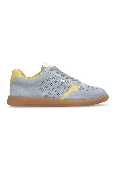 Pantofi sport de piele intoarsa si model perforat - Galben/Albastru prafuit/Caramel