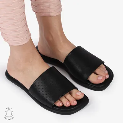Papuci Dama din Piele Naturala cu Talpa Joasa Crl1426 Negru