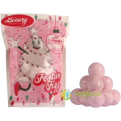 Set Cadou Festive Fizz: Bile de Baie in Punga Printata Festiv Candy Canes, Cocoa Vanilla Swirl 10x15 g