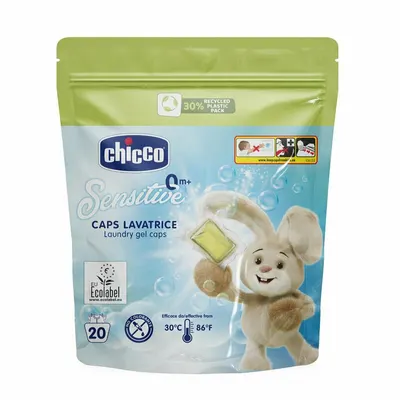 Capsule de rufe, Chicco, Sensitive, 20 buc, Solubile, Fara Coloranti, Testate Dermatologic, Eco-friendly, 0+ luni