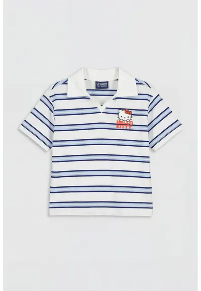 Tricou polo cu model in dungi si imprimeu discret cu Hello Kitty - Alb/Albastru