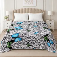 Patura pufoasa cocolino 200x230cm, 240g/mp, Gri, Fluturi Colorati pe Pietre
