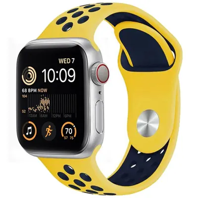 Curea Sport perforata pentru Apple Watch, Silicon, Galben/Bleumarin - 44/45/46/49 mm , Medie Engros
