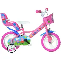 Bicicleta cu pedale, Dino Bikes, Purcelusa Peppa, Cu roti ajutatoare, Cu cosulet frontal, Cu scaunel pentru papusa, 12 inch, Pana la 40 kg, 3 ani+, Multicolor