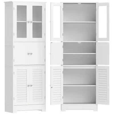 HOMCOM Dulap înalt pentru baie, mobilier de depozitare cu 6 uși dintre care 2 vitrate și 2 tip persiană, raft reglabil, alb | Aosom Romania