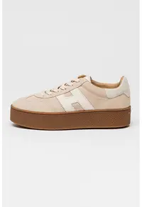 Pantofi sport flatform de piele intoarsa - Alb fildes/Bej