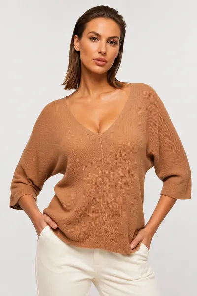 Bluza fin tricotata bob de orez, cu maneca fluture 3 4, camel