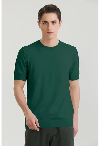 Tricou tricotat fin din bumbac - Verde inchis