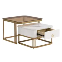 Set de Măsuțe de Cafea Suprapozabile din Marmură Lucioasă și Sticlă cu Detalii Aurii și Sertare, 60x60x42,5 cm + 50x50x34 cm, Alb