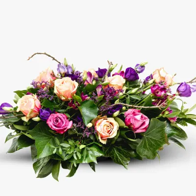 Aranjament funerar cu trandafiri si eustoma