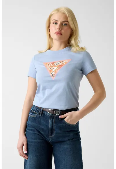 Tricou cu decolteu la baza gatului si imprimeu logo triunghiular - Alb/Portocaliu/Albastru lavanda