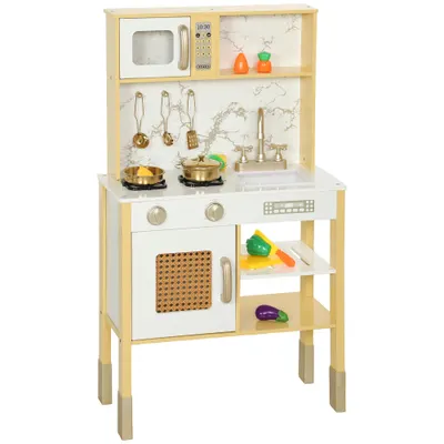 AIYAPLAY Bucătărie de jucărie din lemn cu sunet, cu accesorii din oțel inoxidabil, legume de tăiat, auriu | Aosom Romania