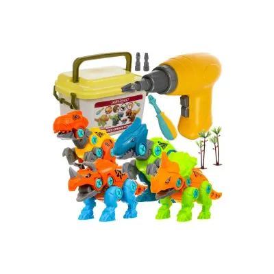 Set interactiv constructii, 85 piese, 4 dinozauri asamblabili, autofiletanta cu baterii, surubelnita, valiza depozitare