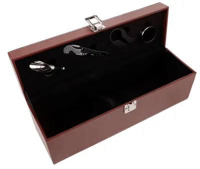 Cutie pentru Vin cu 4 Accesorii Tirbuson taietor capison inel dop metalic PIELE MARO