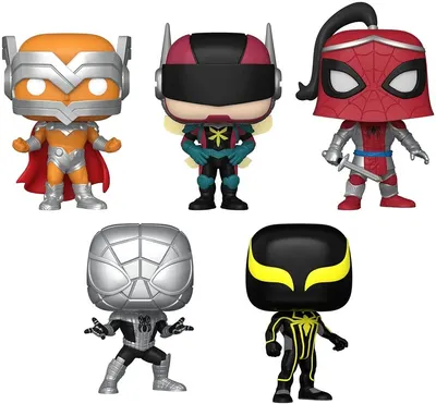 Set figurine Funko POP! Marvel: Spider-Man - Prodigy, The Hornet, Prince of Arachne, Spider-Armor MK I, Spider-Armor MK II (Amazon Exclusive)