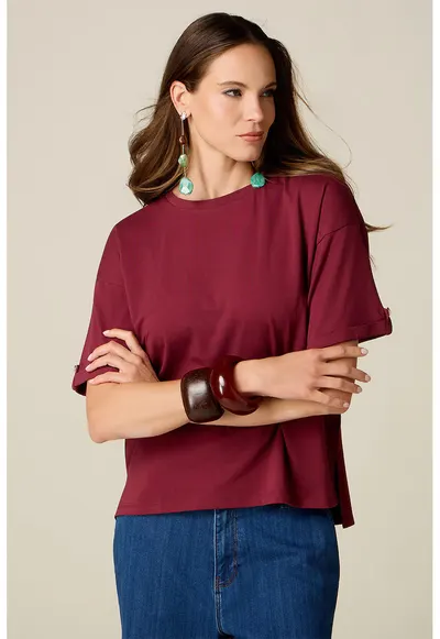 Tricou supradimensionat cu model uni - Visiniu