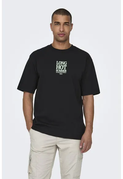 Tricou relaxed fit cu imprimeu text - Negru/Verde lime