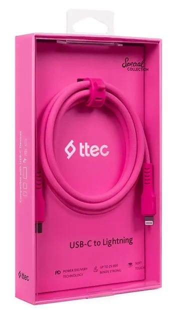 Cablu ttec - Data, USB-C/Lightning, 1.2 m, Neon Pink