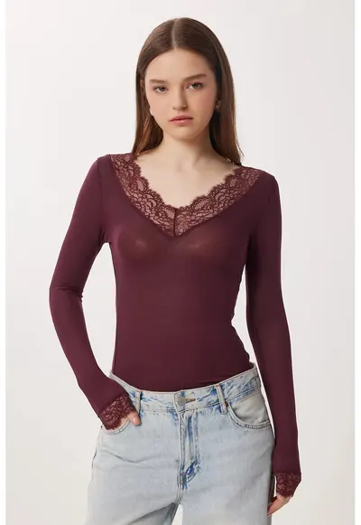 Bluza dama - Happiness Istanbul - Mov inchis - Dantela - Decolteu in V