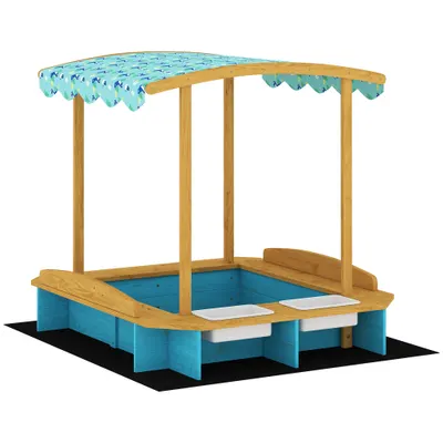 AIYAPLAY Arenero para Niños de Madera con Techo 3 Bancos 2 Cajas de PP Forro para Niños de 3-6 Años 128x118x121 cm Azul | Aosom Romania