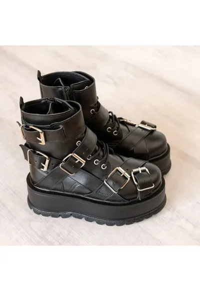 Ghete din piele cu talpa wedge si catarame Heavy Duty - Negru