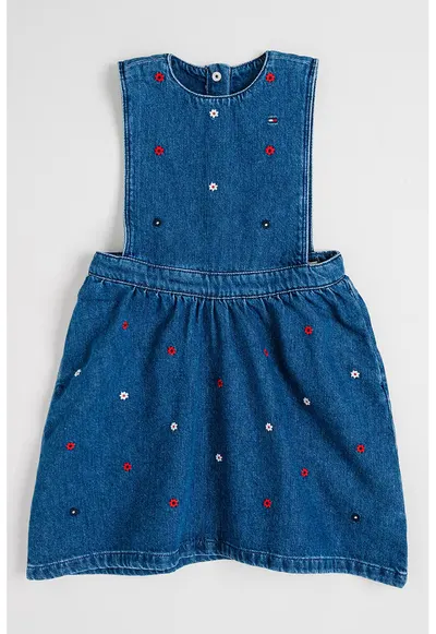 Rochie-sarafan din denim cu flori brodate - Albastru inchis