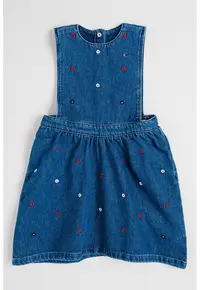 Rochie-sarafan din denim cu flori brodate - Albastru inchis