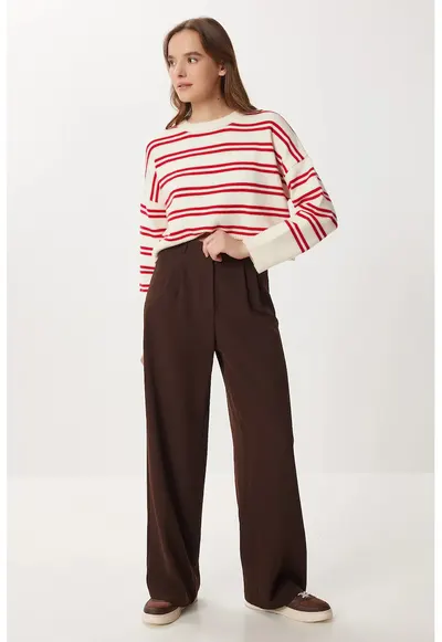 Pantaloni dama - Happiness Istanbul - talie inalta - culoare maro - poliester
