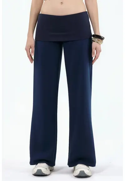 Pantaloni dama - talie inalta - picior larg - albastru marin
