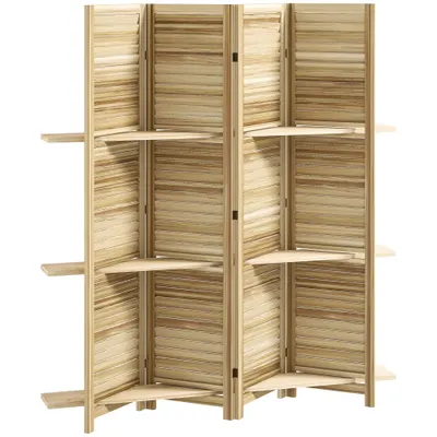 HOMCOM Paravan interior din lemn 4 panouri 160 x 170 cm, separator de cameră pliabil cu 3 rafturi, lemn natural | Aosom Romania