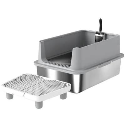 PawHut Tavă XL pentru litieră din oțel inoxidabil, Pereți laterali înalți, Pedală și covoraș filtrant, Lopată, 60,2x40,2x29,6cm, Gri | Aosom Romania
