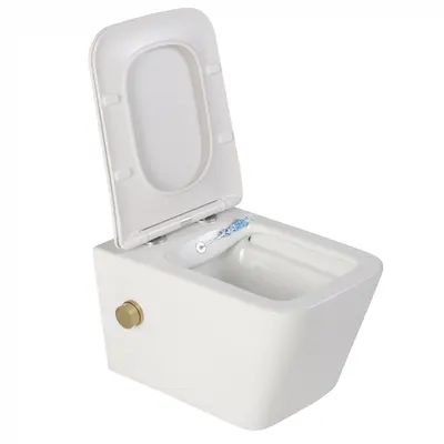 Vas wc suspendat cu functie bideu, dreptunghiular, apa calda rece, rimless, baterie auriu mat Foglia Safari