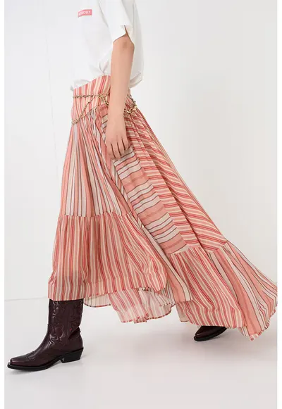 Fusta maxi cu model in dungi Rebellion Bohemian - Roz somon